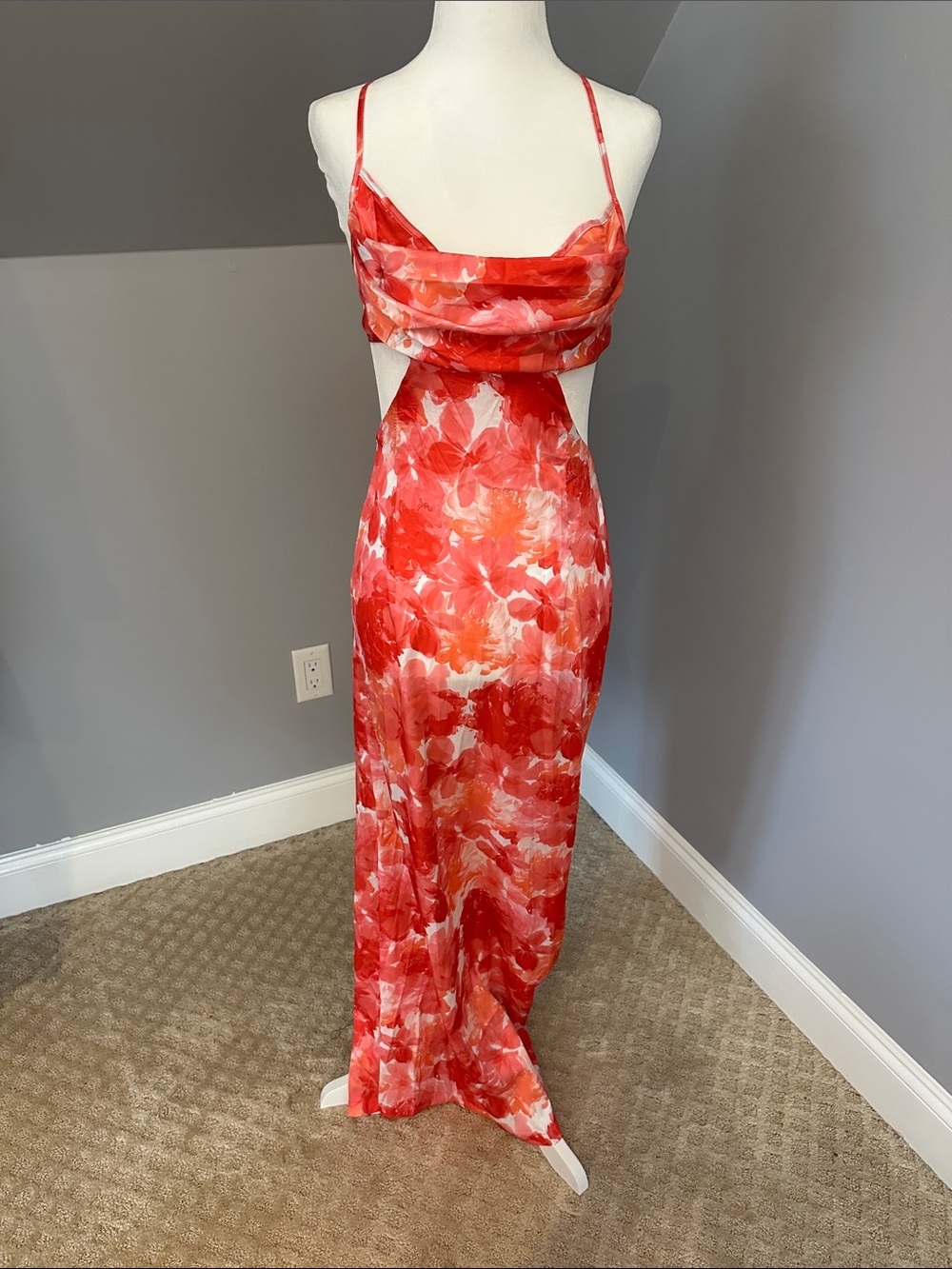 Red Floral Cowl Neck Cutout Maxi Dress - Women